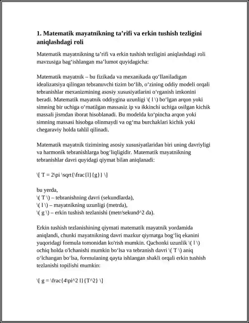 MATEMATIK MAYATNIK YORDAMIDA ERKIN TUSHISH OʻZLIGINI ANIQLASH 3