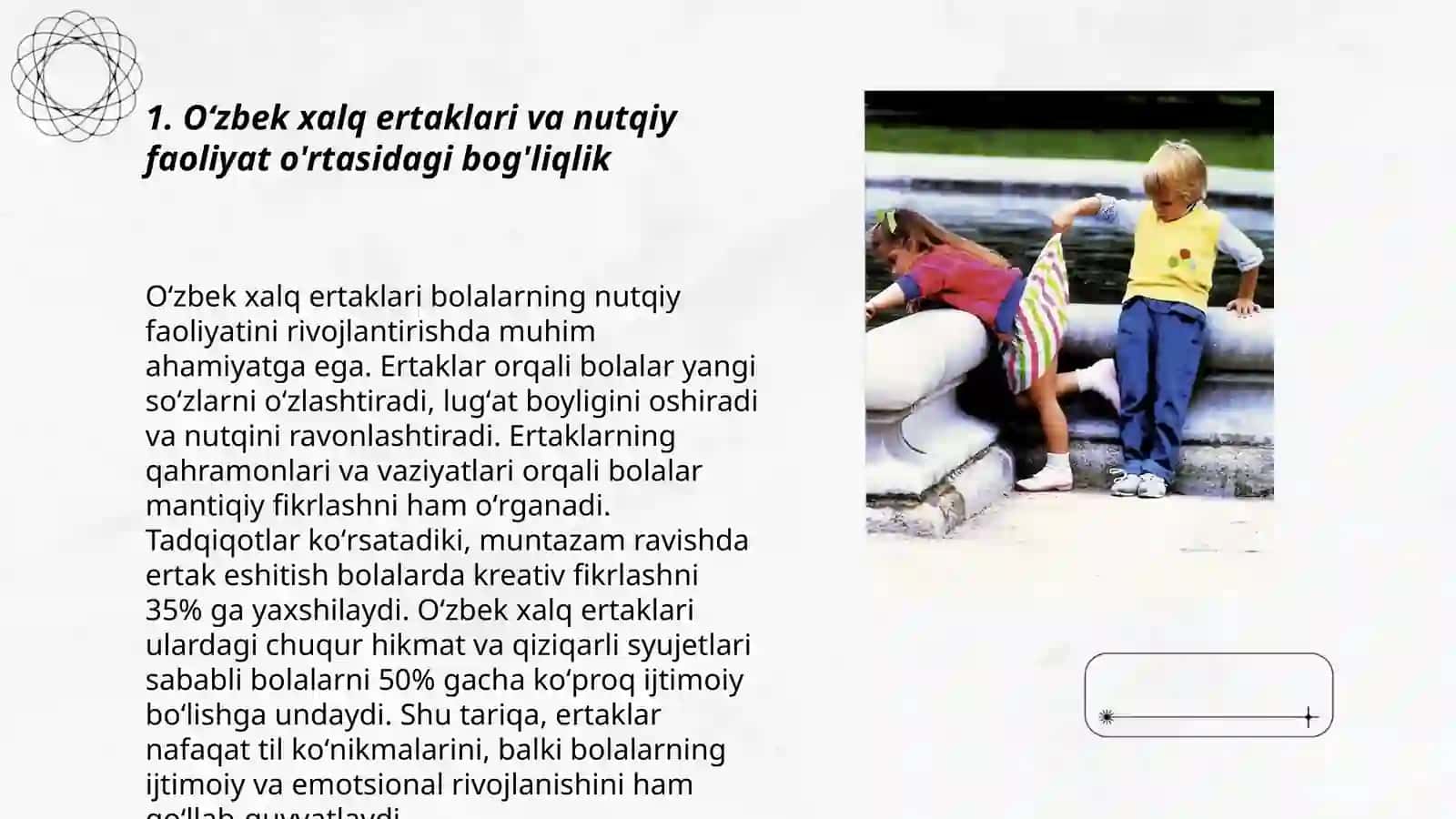 Oʻzbek xalq ertaklarini saxnalashtirish orqali bolalarning nutqiy faoliyatini rivojlantirish 3