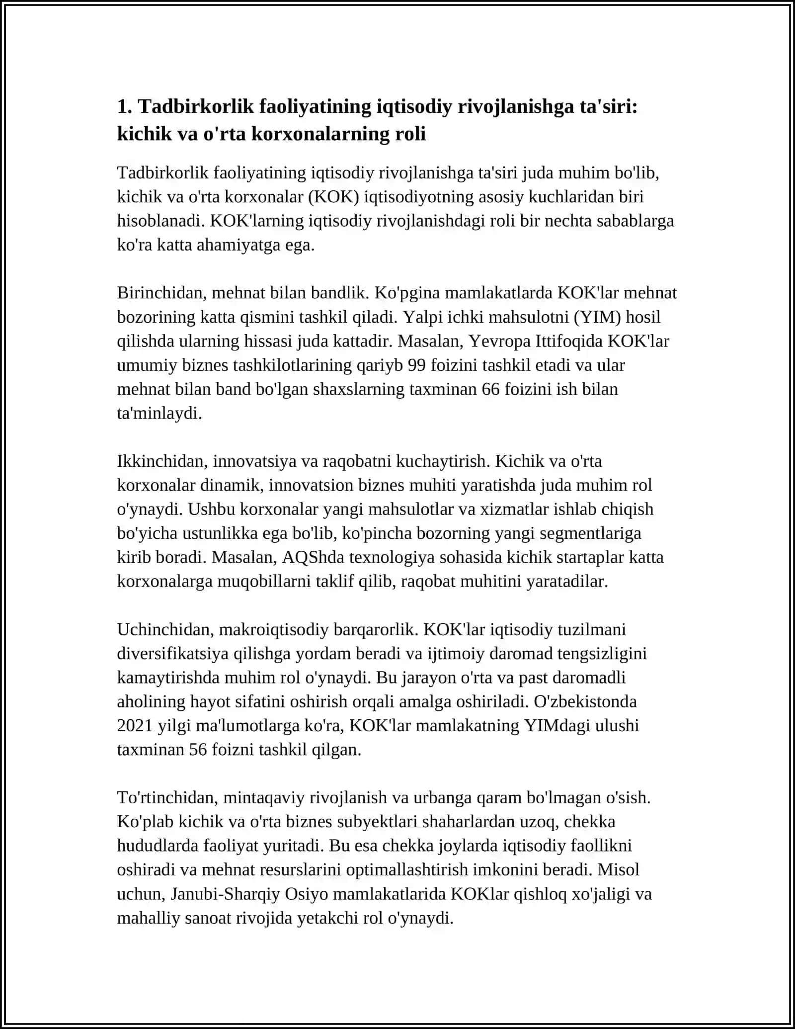 Tadbirkorlik faoliyatining iqtisodiy rivojlanishga ta'siri: kichik va o'rta korxonalarning roli 3