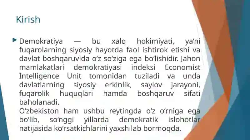 O‘zbekistonning “Jahon mamlakatlari demokratiyasi indeksi” da belgilagan o`rni 3