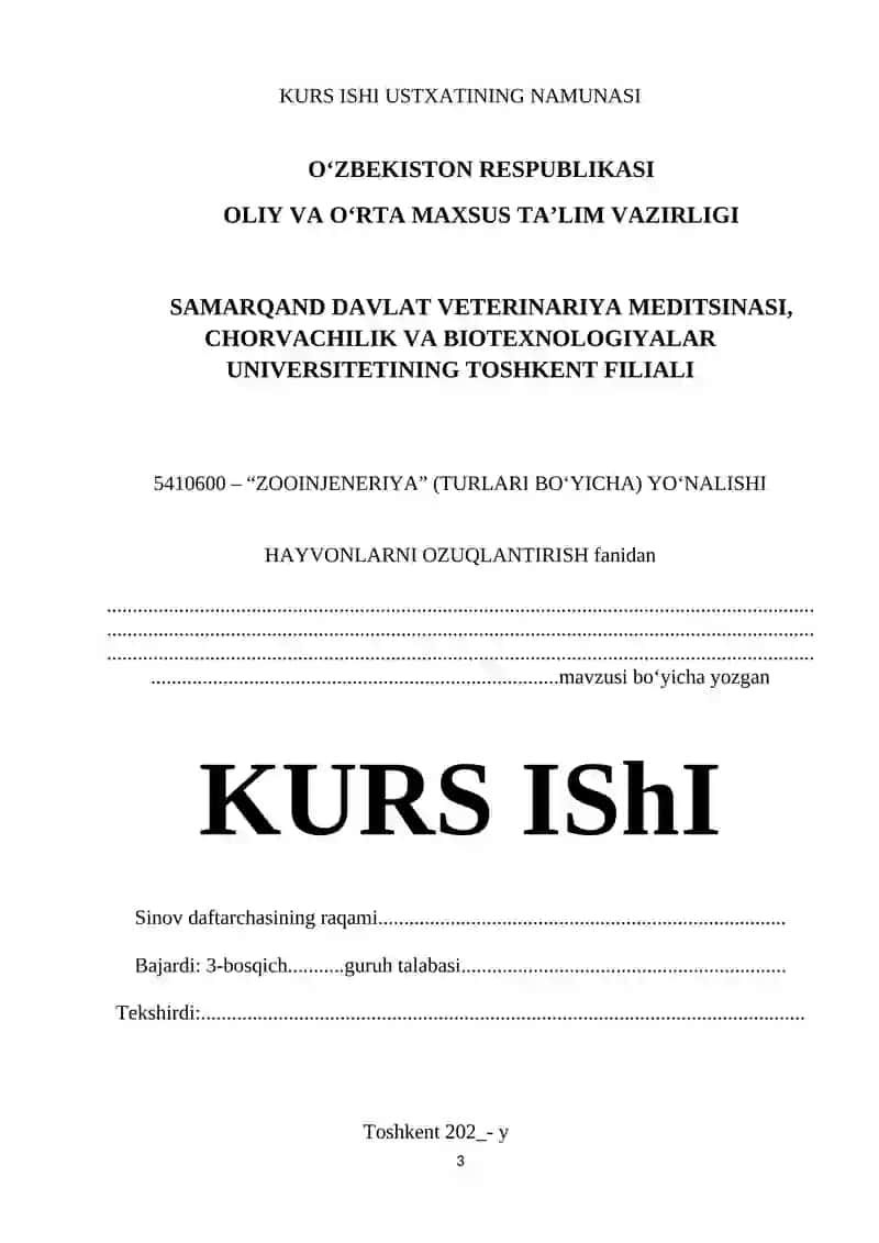 Uslubiy ko‘rsatma 5410600-Zooinjeneriya (turlari bo‘yicha) yo‘nalishi 3