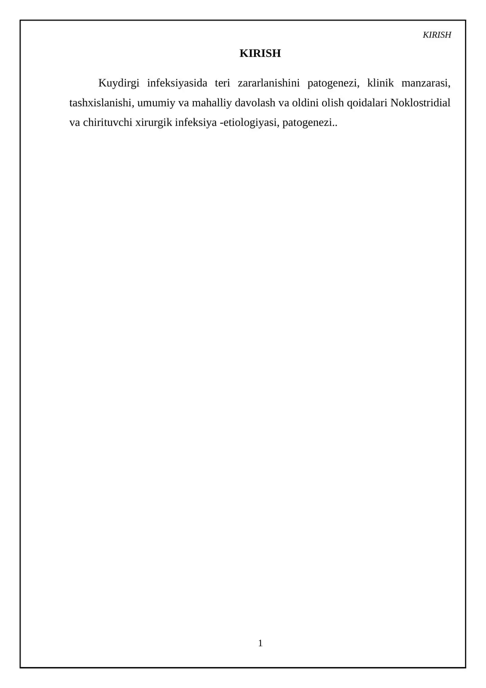 Kuydirgi infeksiyasida teri zararlanishini patogenezi, klinik manzarasi, tashxislanishi, umumiy va mahalliy davolash va oldini olish qoidalari Noklostridial va chirituvchi xirurgik infeksiya -etiologiyasi, patogenezi 3