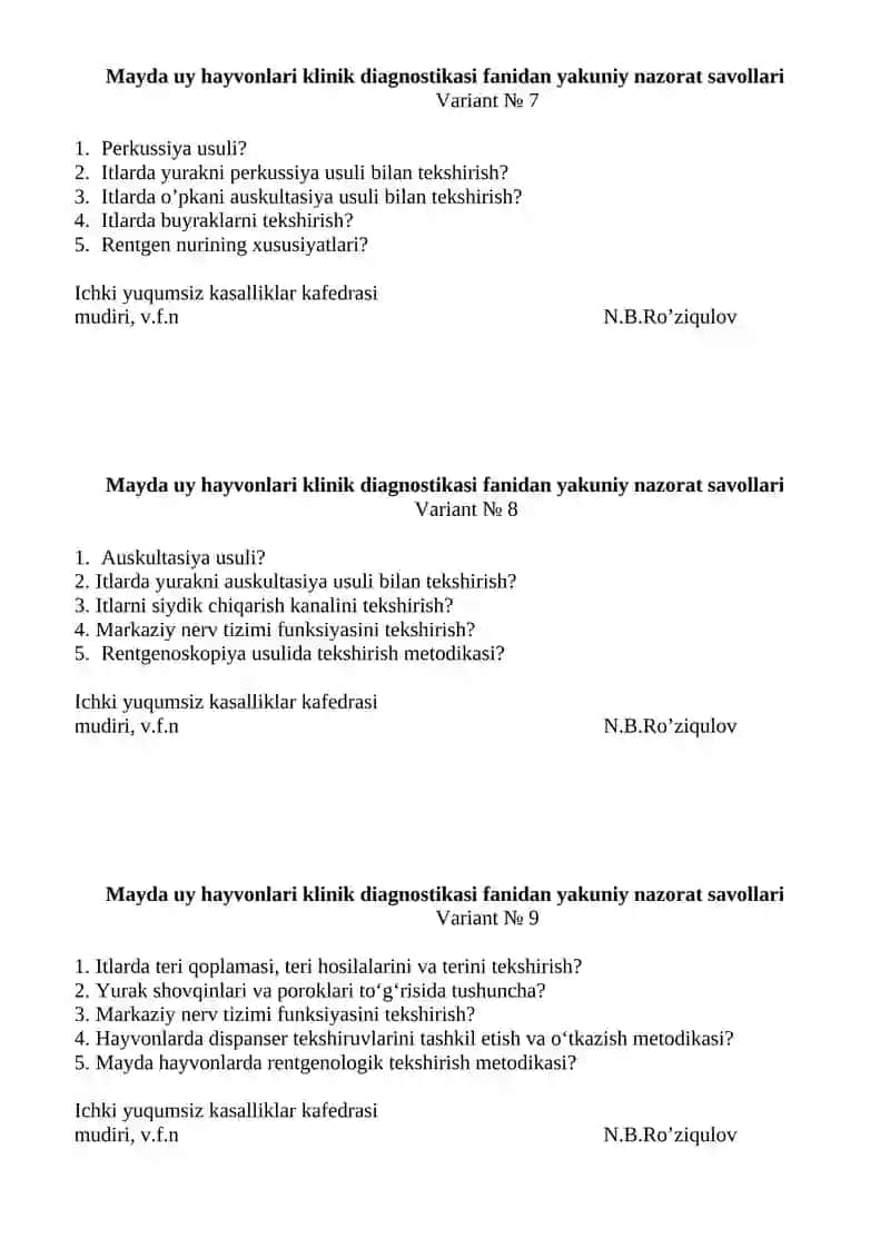 Mayda uy hayvonlari klinik diagnostikasi fanidan yakuniy nazorat savollari - Variant № 1 3