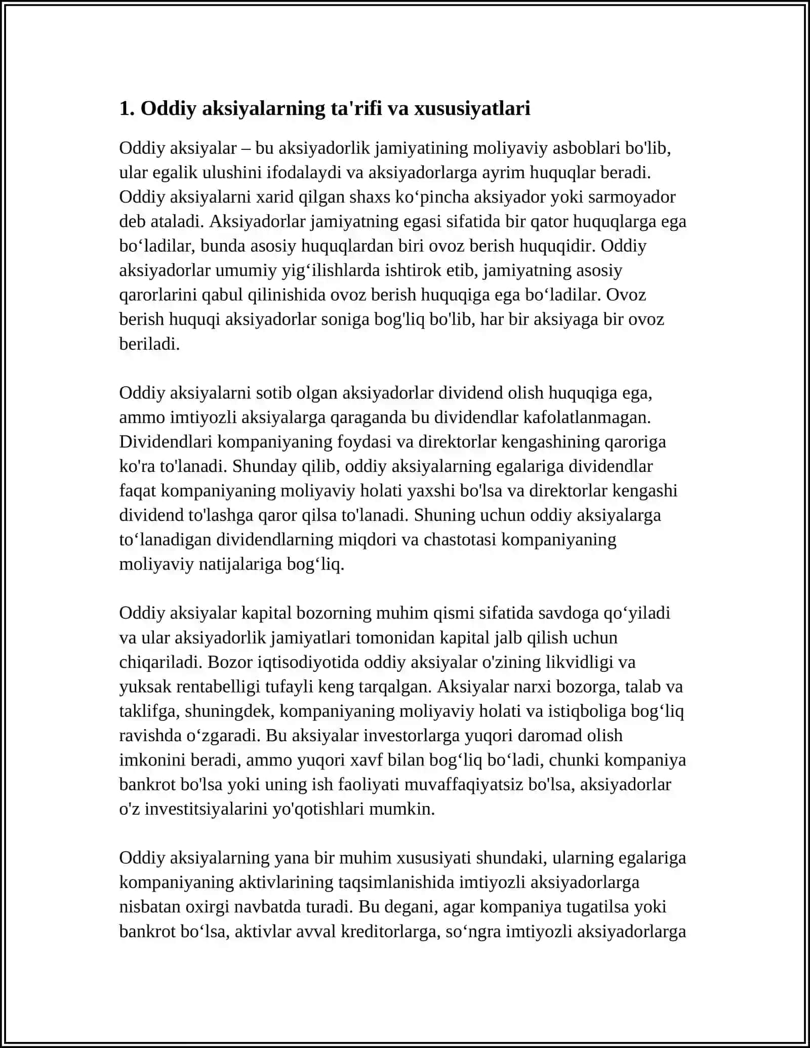 AKSIYALAR TURLARI:ODDIY VA IMTIYOZLI AKSIYALAR 3
