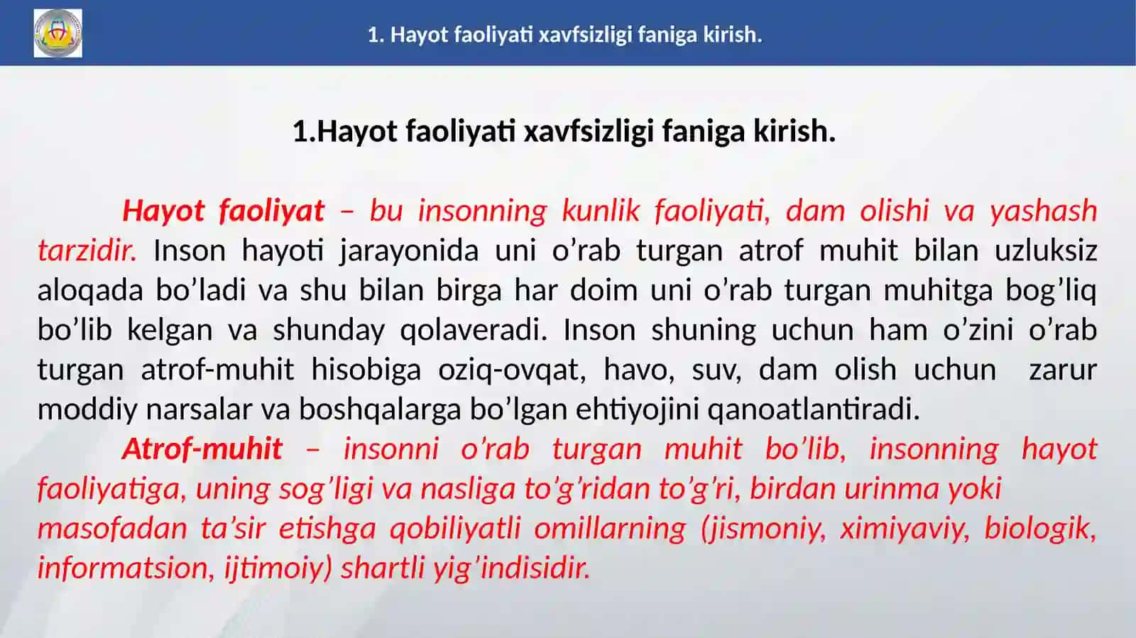 Hayot faoliyati xavfsizligifanigakirish 3