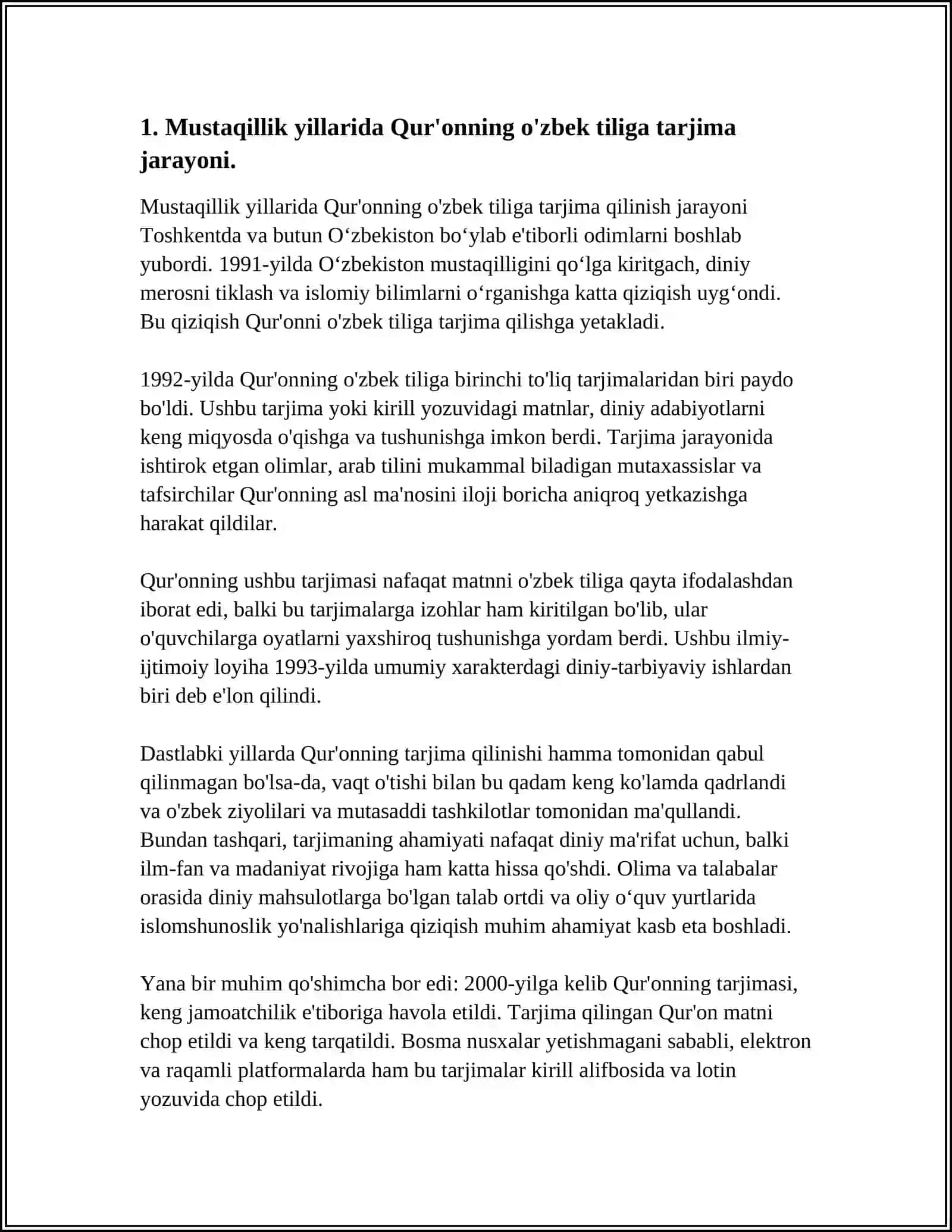 MUSTAQILLIK YILLARIDA QUR'ONNING O'ZBEK TILIGA AMALGA OSHIRILGAN TARJIMA VA TAFSIRLARI HAQIDA 3