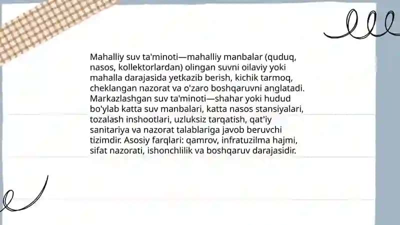 Mahalliy va markazlashgan suv ta'minoti haqida tushuncha, ularning gigiyenik ahamiyati 3