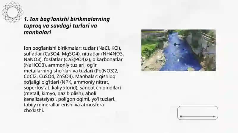 Tuproq va suv ifloslanishida ion bogʻlanishi birikmalarni aniqlab tozalash usulini ishlab chiqish 3