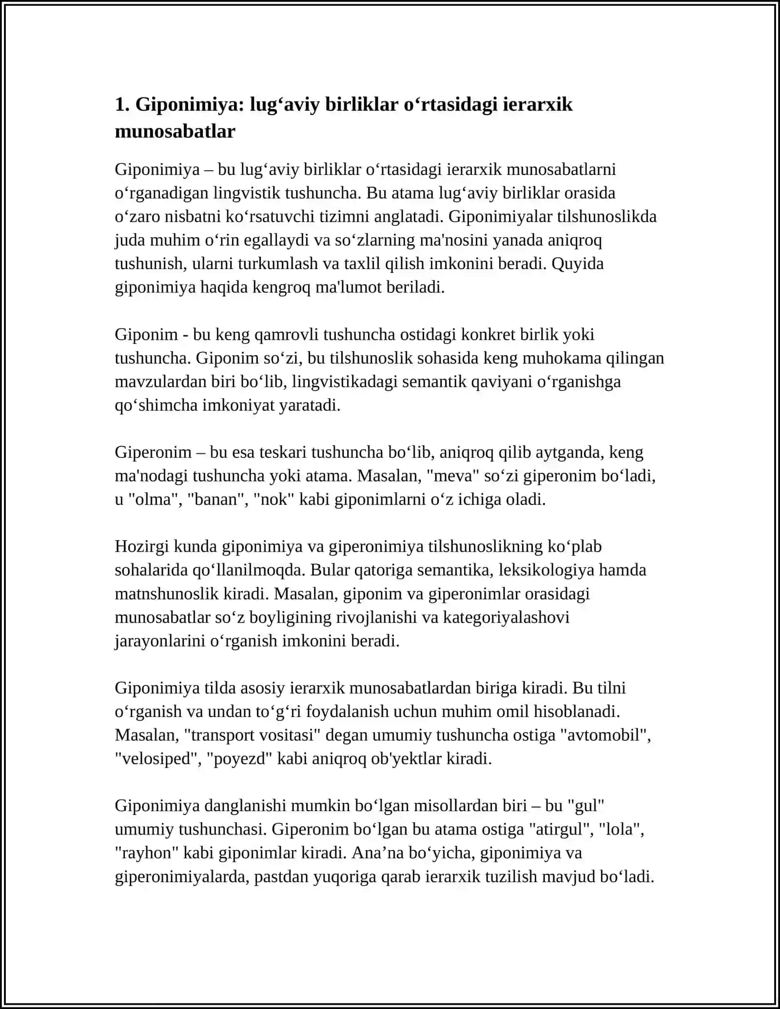 LUG'AVIY BIRLIKLAR O'RTASIDAGI SEMANTIK MUNOSABATLAR:GIPONIMIYA, GRADUONIMIYA, PARTONIMIYA 3