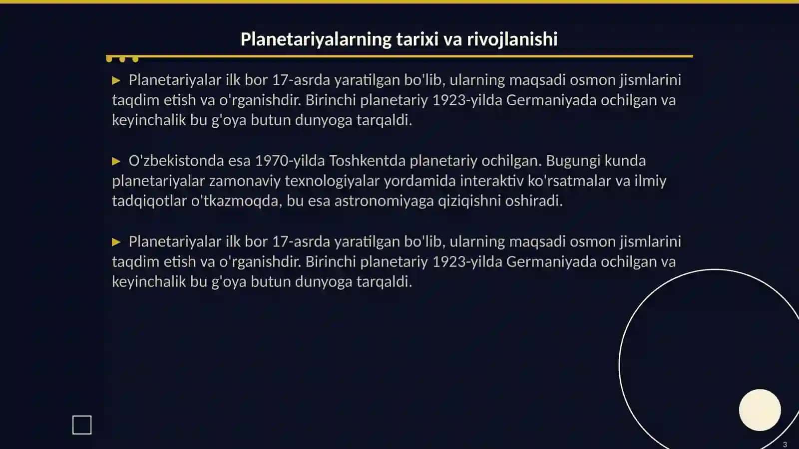 Planetariyalar va ommaviy observatoriyalarda astronomik toʻgaraklar va klublar. Astronomiya boʻylab sayohat 3
