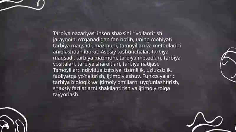 Tarbiya nazariyasi va tarbiya turlari. Oila tarbiyasi va uning shaxs kamolotidagi o‘rni 3