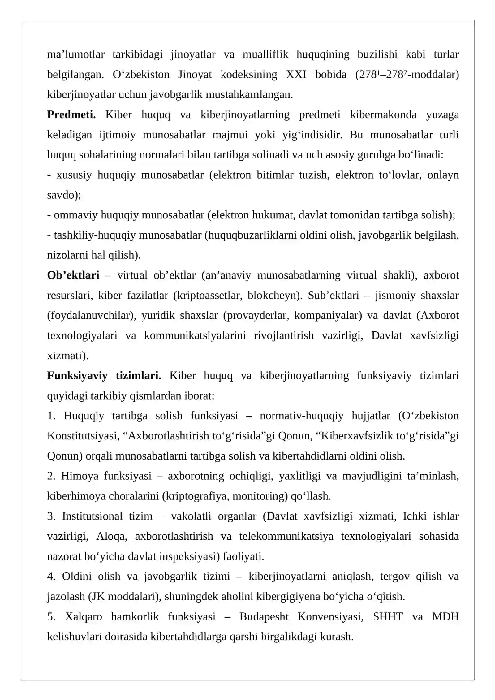 Kiber huquq va kiberjinoyatlar tushunchasi, predmeti va funksiyaviy tizimlari 3
