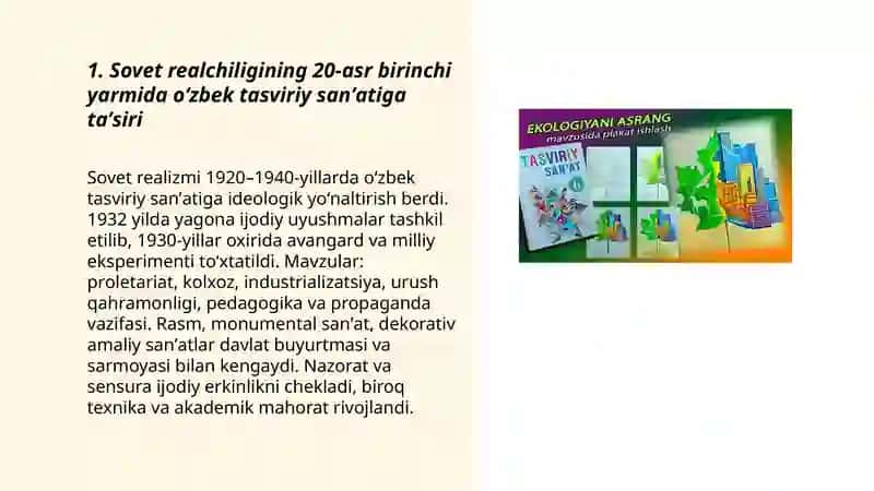 20 asr birinchi yarmida oʻzbek tasviriy sanʼatida sodir boʻlgan ozgarishlar 3