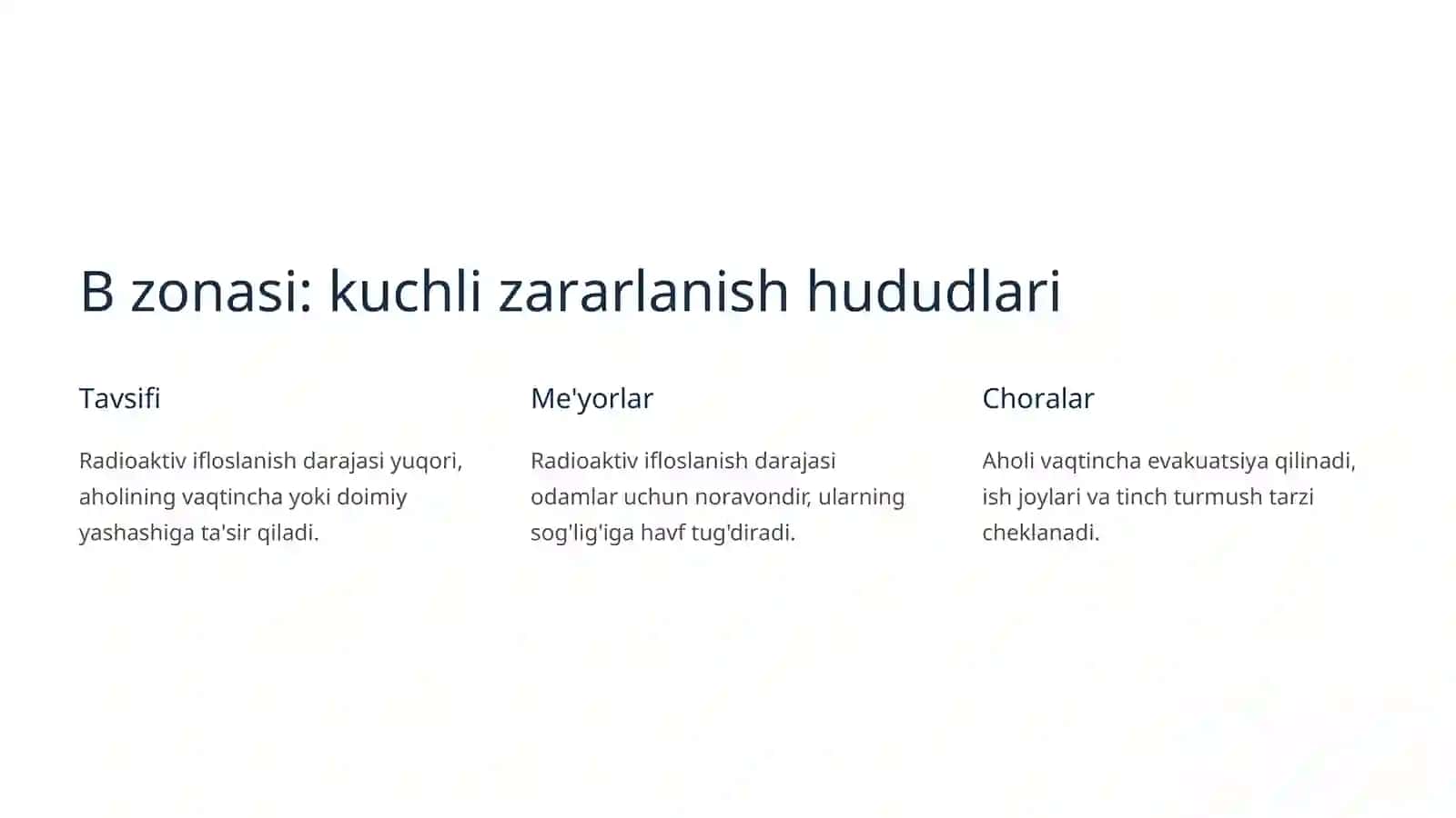 Favqulotda vaziyatni baholash, Radiatsion holat, Radioaktiv zararlanish manbalari, Zonalar tavsifi 3