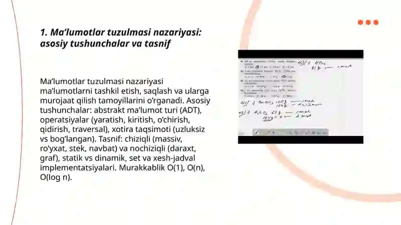 Ma’lumotlar tuzulmasi hamda massiv,royxat,stek, navbat,toplam va xesh-jadval nazariy asoslari 3