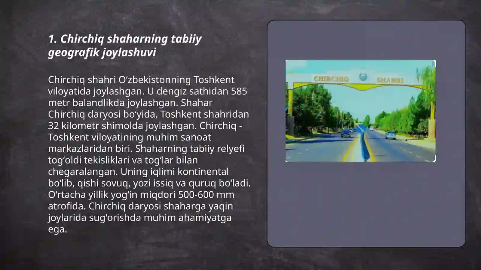 Chirchiq shaharning umumiy: tabiiy, iqtisodiy va ijtimoiy geografiyasi 3