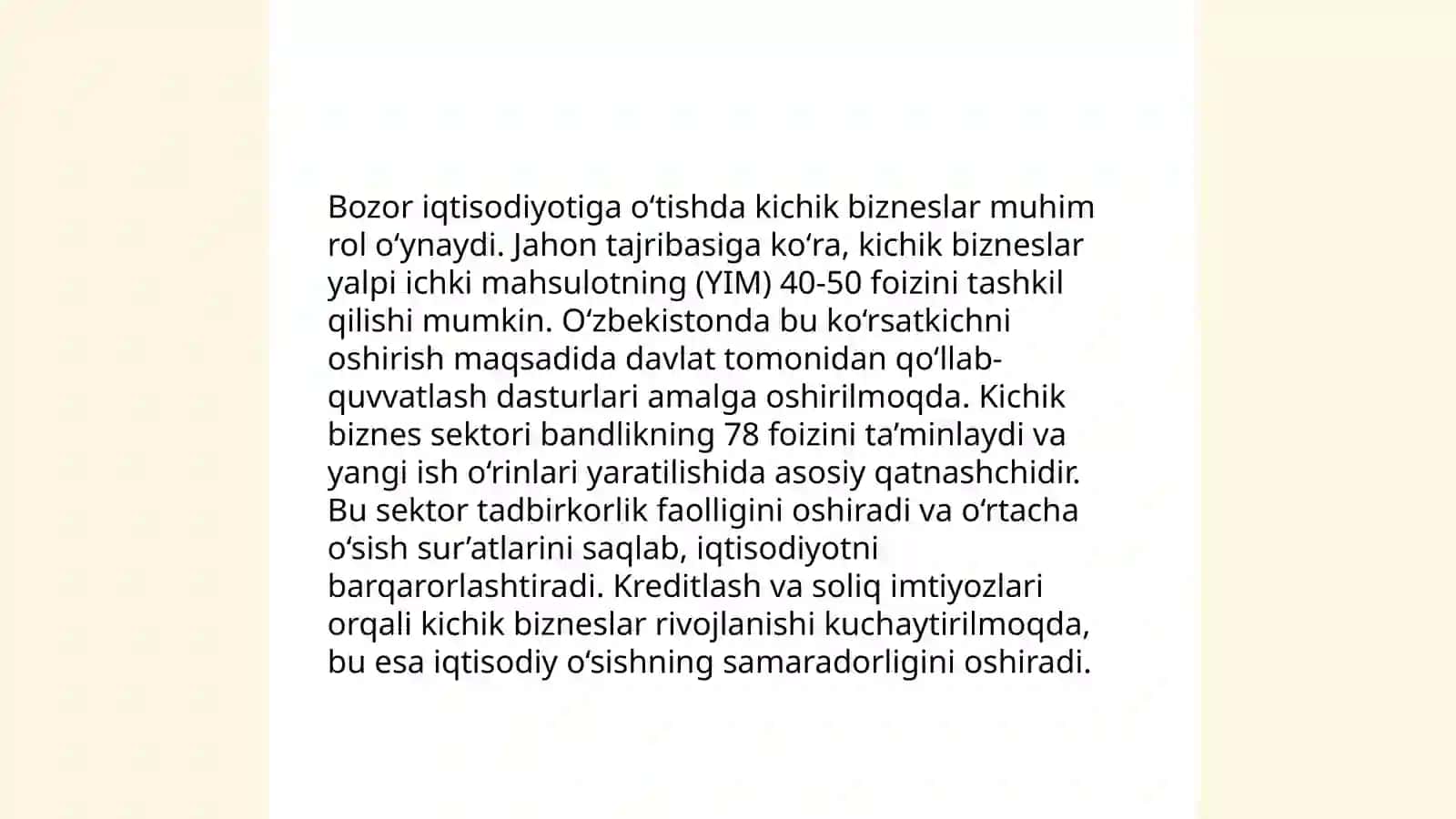 Bozor iqtisodiyotiga õtishda kichik biznes va tadbirkorlikni rivojlantirish va mamlakatimizdagi iqtisodiy siyosat 3