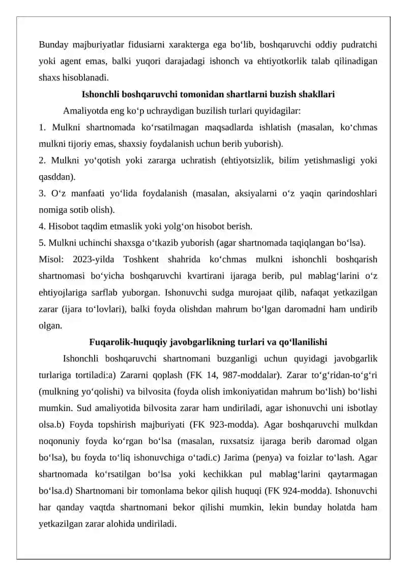 Mol-mulkni ishonchli boshqarish shartlarini buzganlik uchun fuqarolik- huquqiy javobgarlik muammolari 3