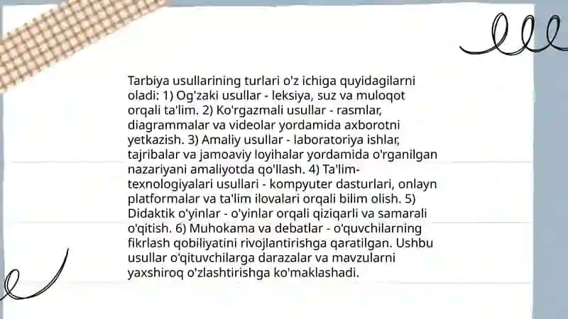 Tarbiya usullari, shakllari va sinf rahbarining maktab jamoat ishlaridagi faoliyati 3