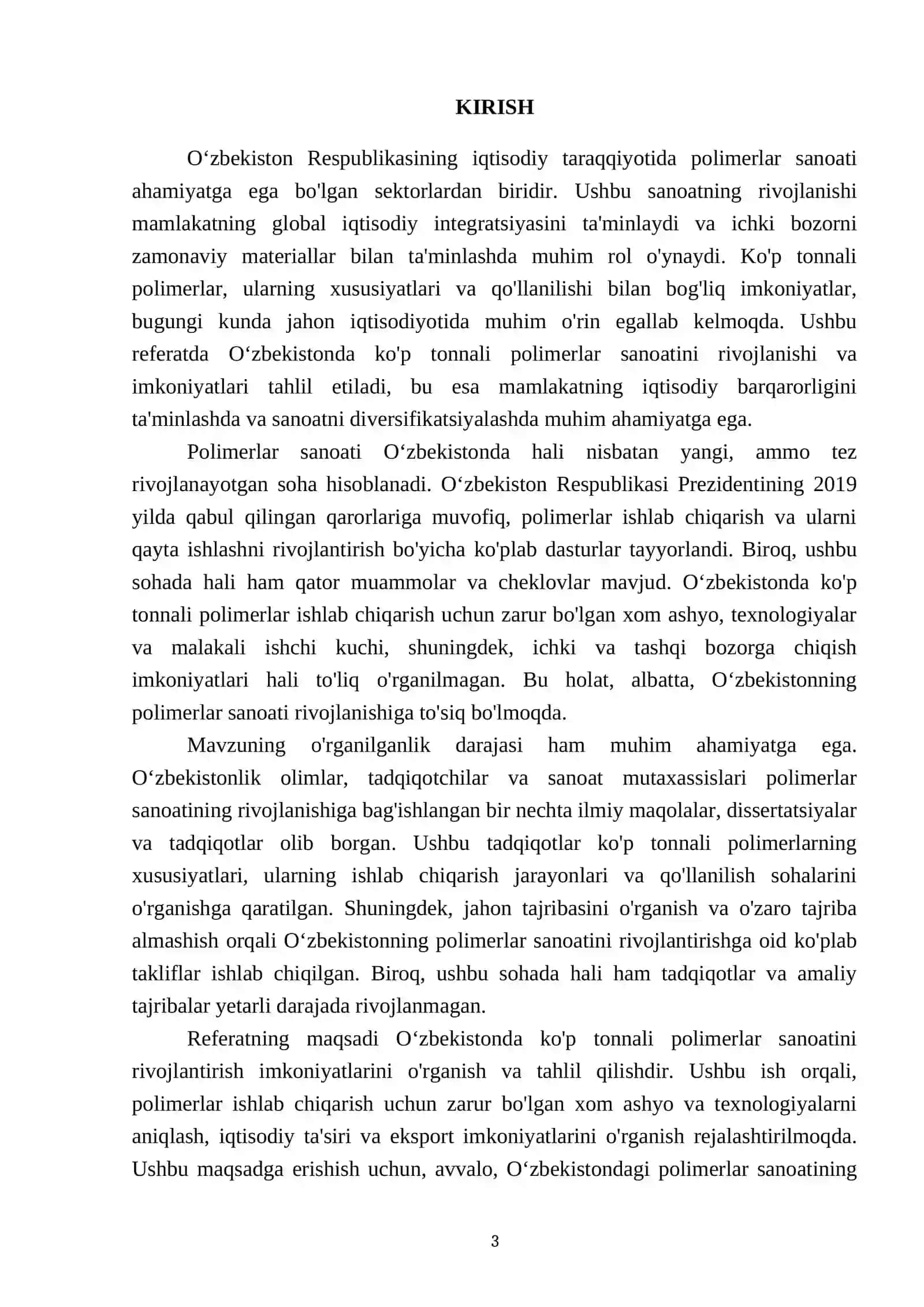 Oʻzbekistonda koʻp tonnali polimerlar sanoatini rivojlanoshi va imkoniyatlari 3