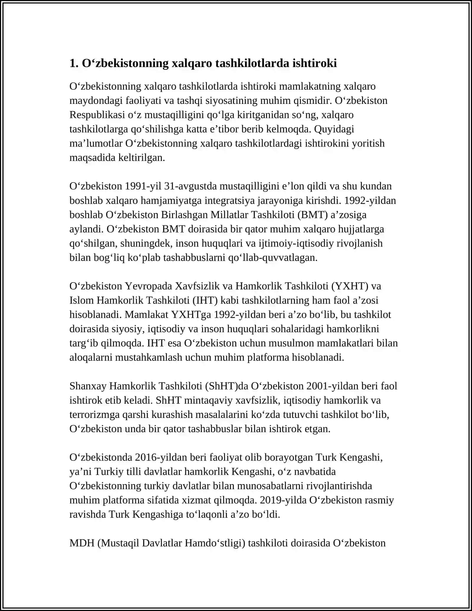 MUSTAQIL ISH Mavzu: OʻZBEKISTON VA JAHON HAMJAMIYATI 3