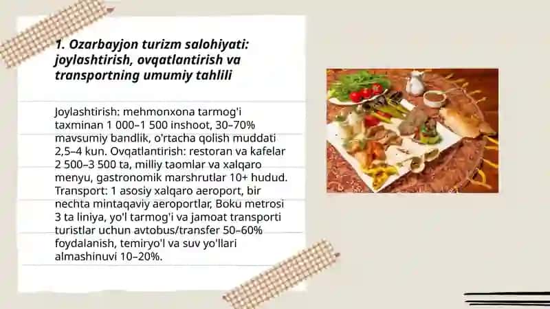 Ozarbayjon turizm salohiyati joylashtirish,ovqatlantirish va transport sektorlari 3