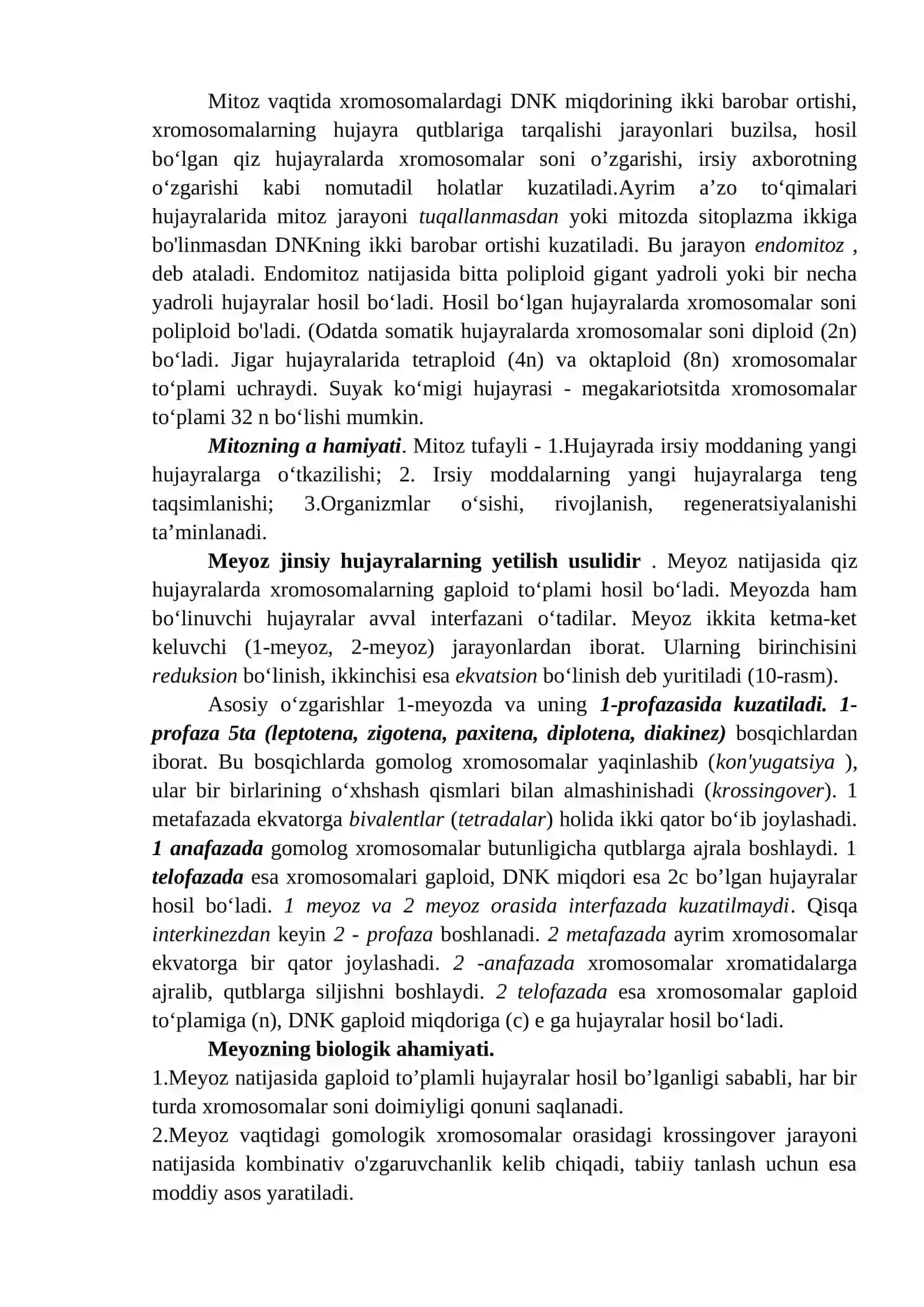 Hujayralarning mitotik va hayotiy sikli. Hujayra proliferatsiyasi. Xujayraning meyotik boʼlinishi 3
