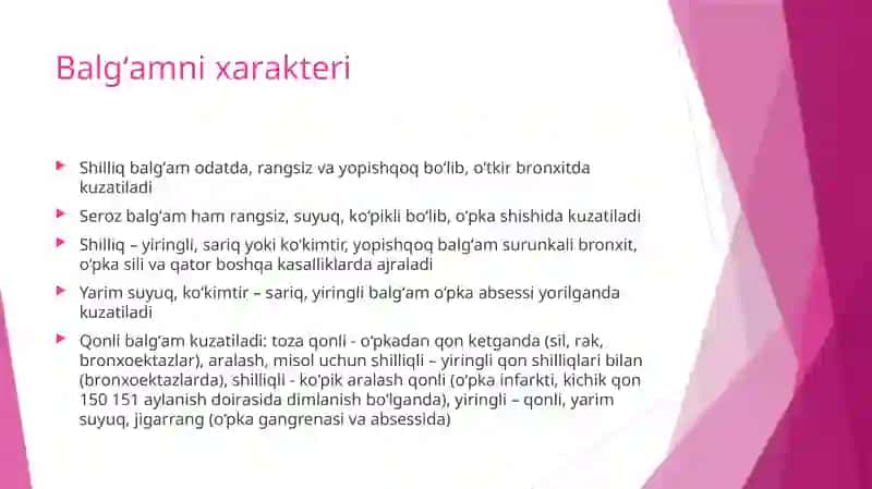 Balg‘am va plevra suyuqligini labarator tekshirish. O‘pkani funksional va instrumental tekshirish usullari: spirometriya, pnevmotaxometriya, oksigemometriya. O‘pkani rentgenologik tekshirish. Bronxoskopiya, bronxografiya, tomografiya 3