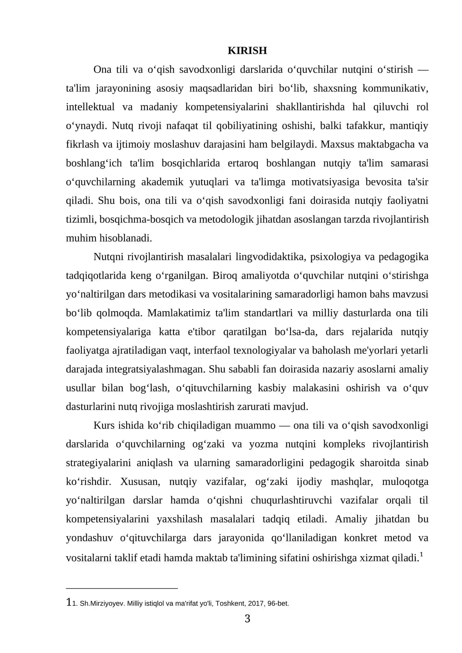 “ONA TILI VA OʻQISH SAVODXONLIGI DARSLARIDA OʻQUVCHILAR NUTQINI OʻSTIRISH” mavzusida tayyor kurs ishi 3