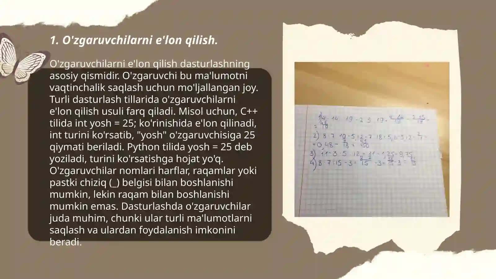 O'zgaruvchilarni e'lon qilish qiymatlarni belgilash 3