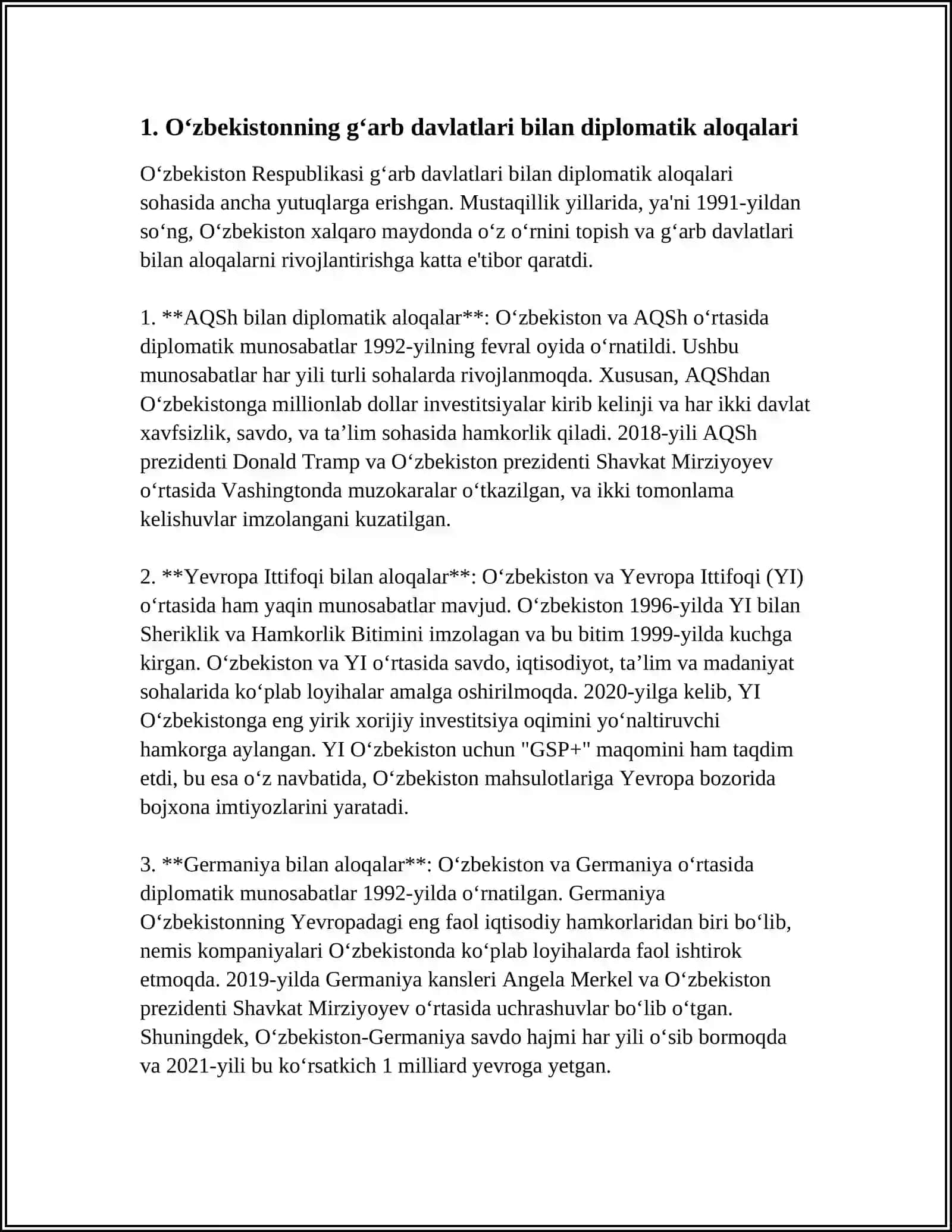 O'ZBEKISTON RESPUBLIKASINING G'ARB MAMLAKATLARI BILAN HAMKORLIK ALOQALARI 3