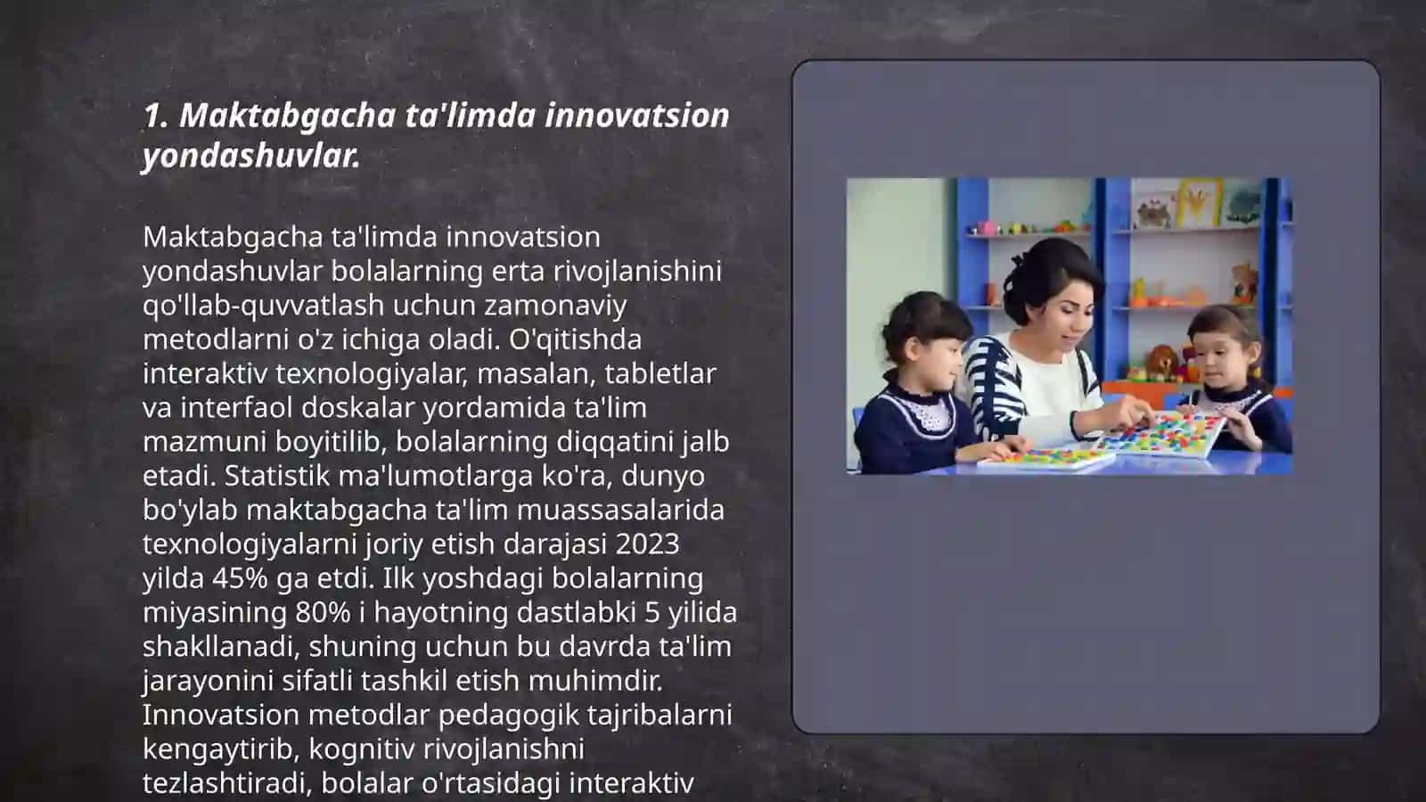 Maktabgacha ta'lim tashkilotlarida talim shakli Mashgulotga tarbiyachining inovatsion yondashuvi Maktabgacha ta'lim tashkilotlarida ekskursiyani o'tkazish mazmuni 3