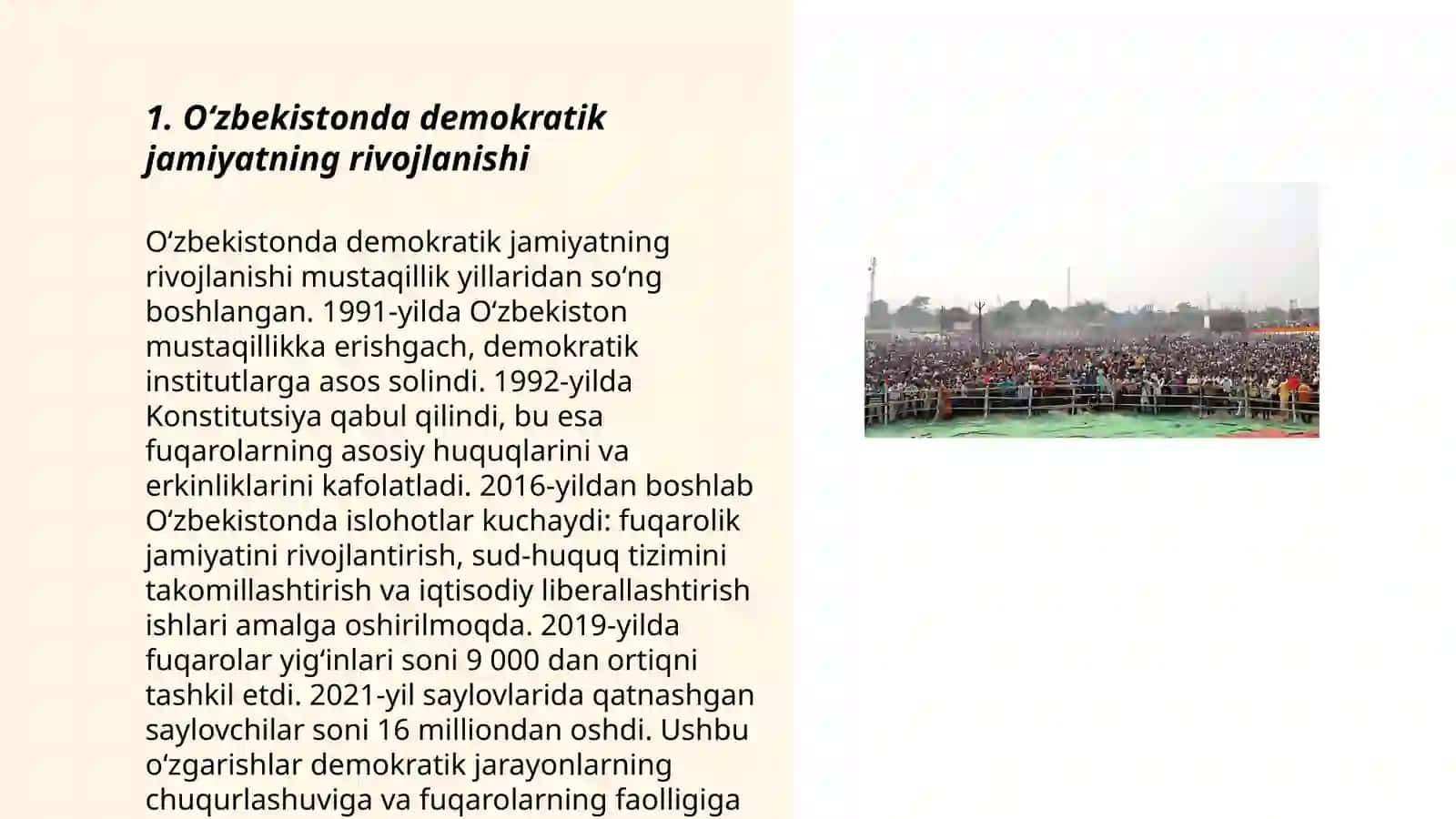 O'ZBEKISTONDA DEMOKRATIK, FUQAROLIK JAMIYATI ASOSLARINING SHAKLLANISHI, AMALGAOSHIRILGAN SIYOSIY ISLOHOTLAR 3