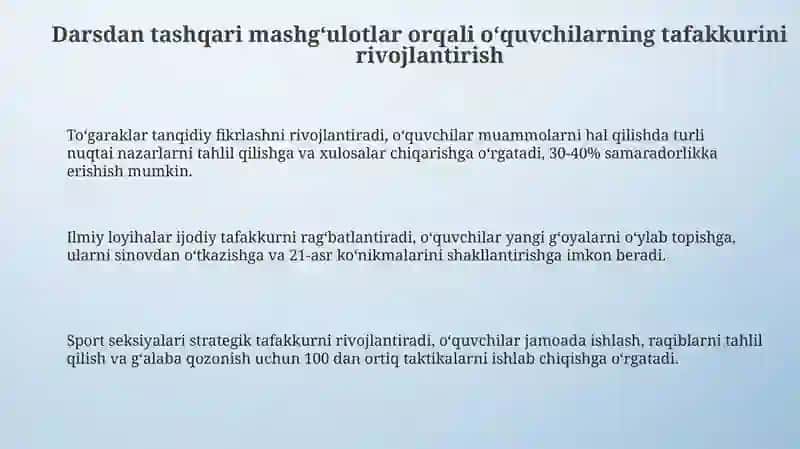 Sinfdan tashqari ishlar orqali oʻquvchilarning fikirlashlarini rivojlantirish 3