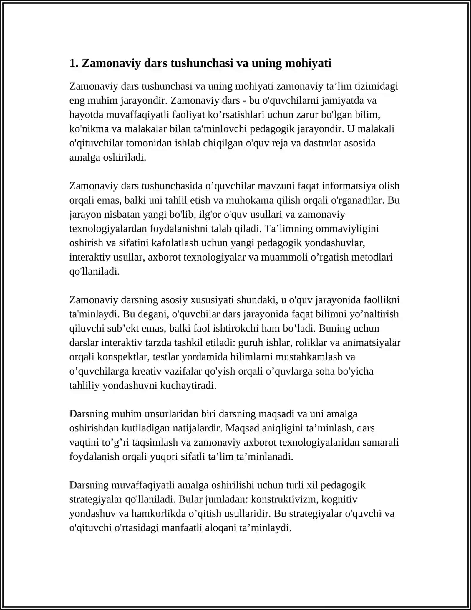 " ZAMONAVIY DARS TIPOLOGIYASI VA UNGA QO'YILADIGAN TALABLAR " 3