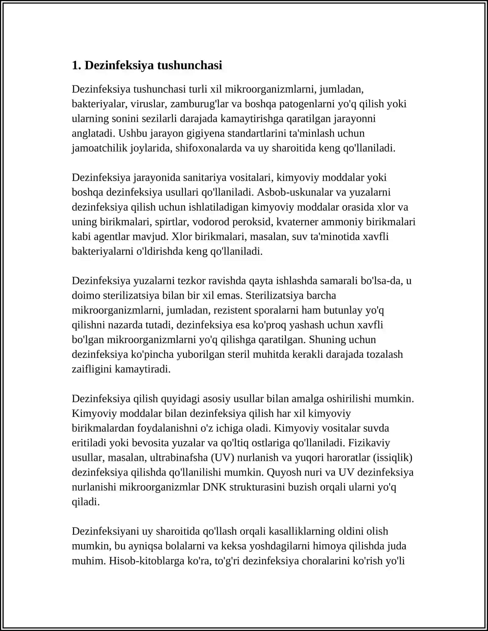 DEZINFEKSIYA TASNIFI. DEZINFEKSIYA TURLARI. ASBOB-ANJOMLAR DEZINFEKSIYASI 3