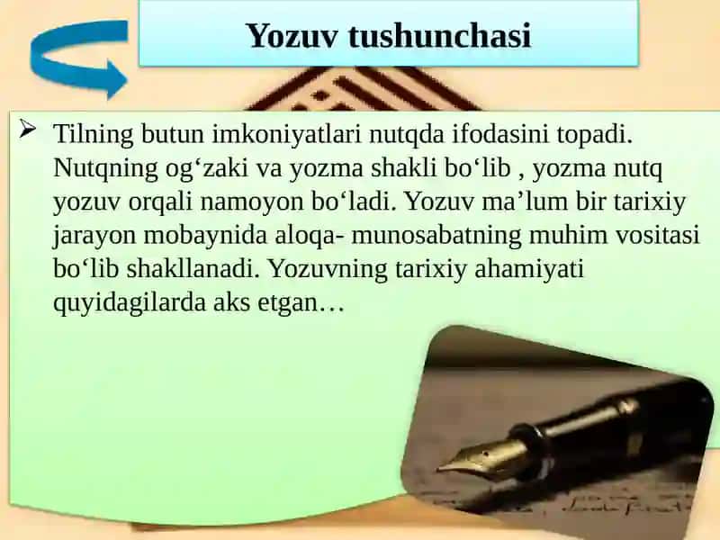 Til va yozuv masalalari. Yozuv haqida umumiy tushuncha. O‘zbek yozuvlari tarixi. O‘zbek yozuvlarining rivojlanish bosqichlari. Grafika. Orfografiya 3