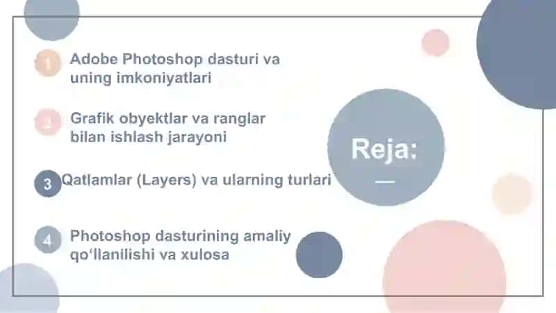 Mavzu : Adobe Photoshop dasturning grafik obyektlarda ranglar va qatlamlar bilan ishlash. 3