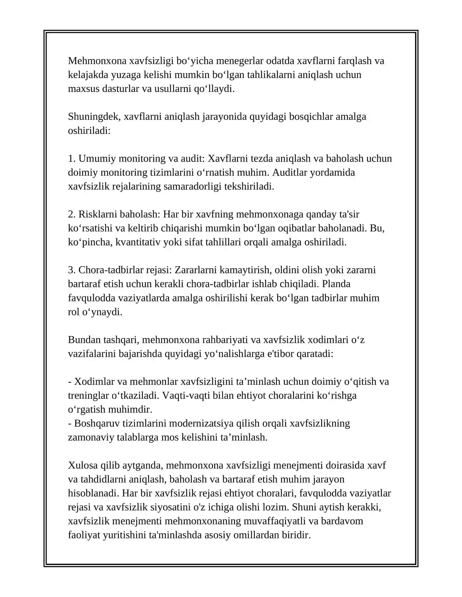 MEHMONXONA XAVFSIZLIK MENEJMENTI:RISKLAR, FAVQULODDA VAZIYATLAR REJASI 3