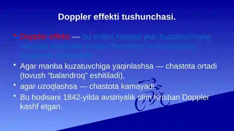 Doppler effekti. Qon oqimi tezligini aniqlash. Yurak qon tomirlarida bosimning taqsimlanishi. 3