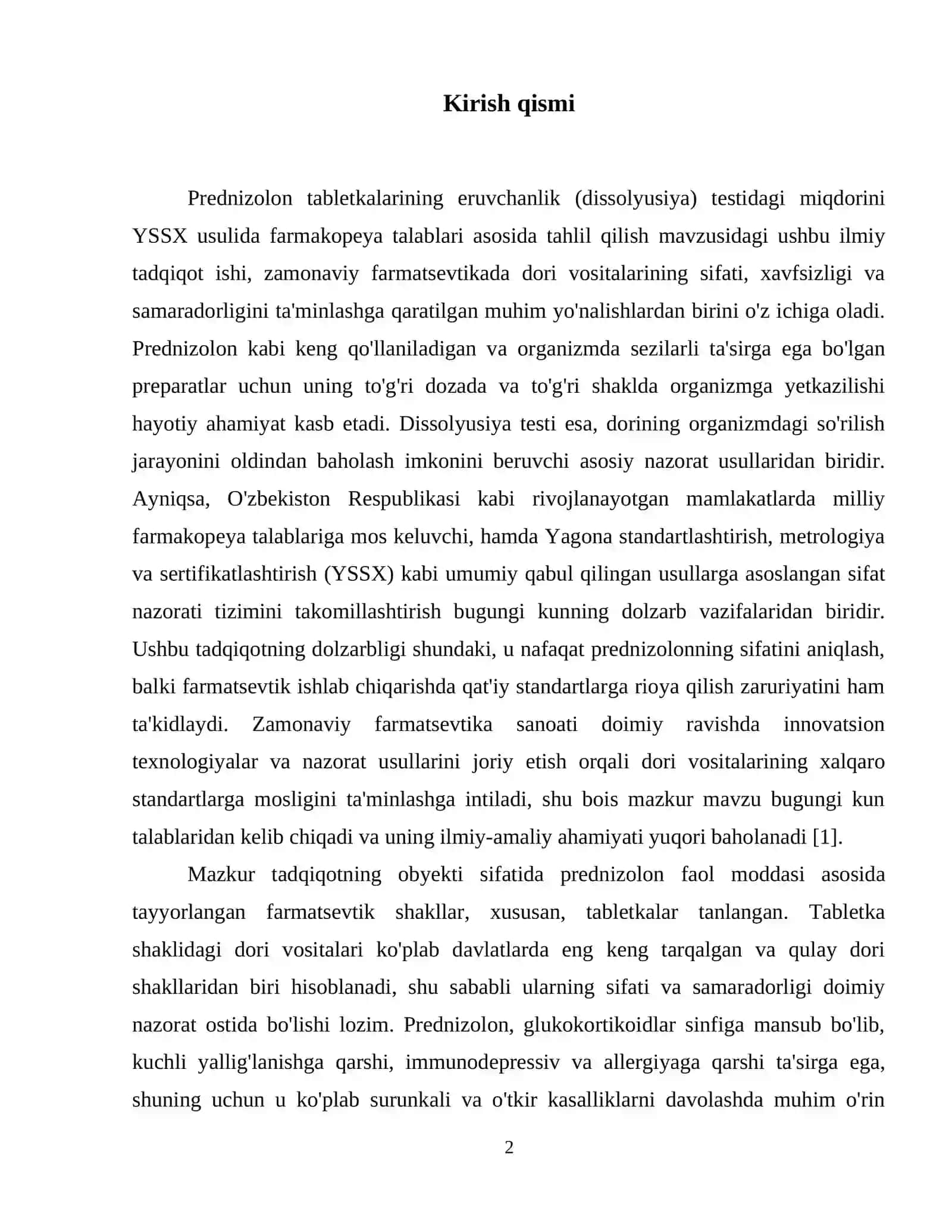 Prednizolon tabletkalarining eruvchanlik (dissolyusiya) testidagi miqdorini YSSX usulida farmakopeya talablari asosida tahlil qilish. 3
