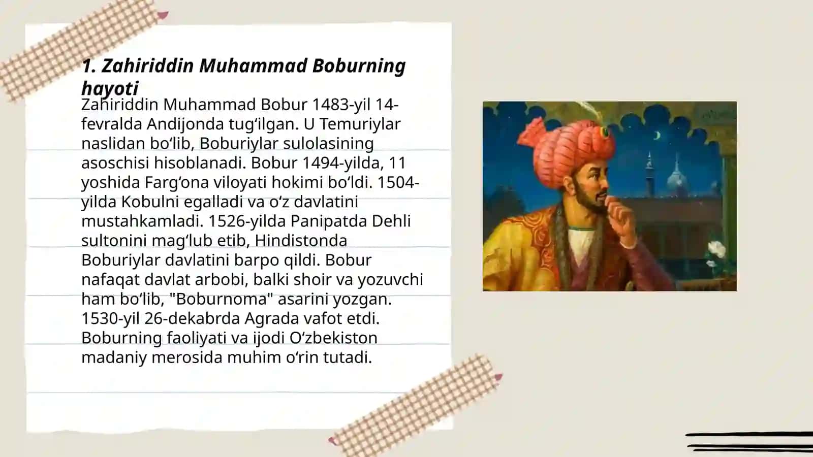 Zahiriddin Muhammad Bobur hayoti va ijodi "Boburnoma" asari 3