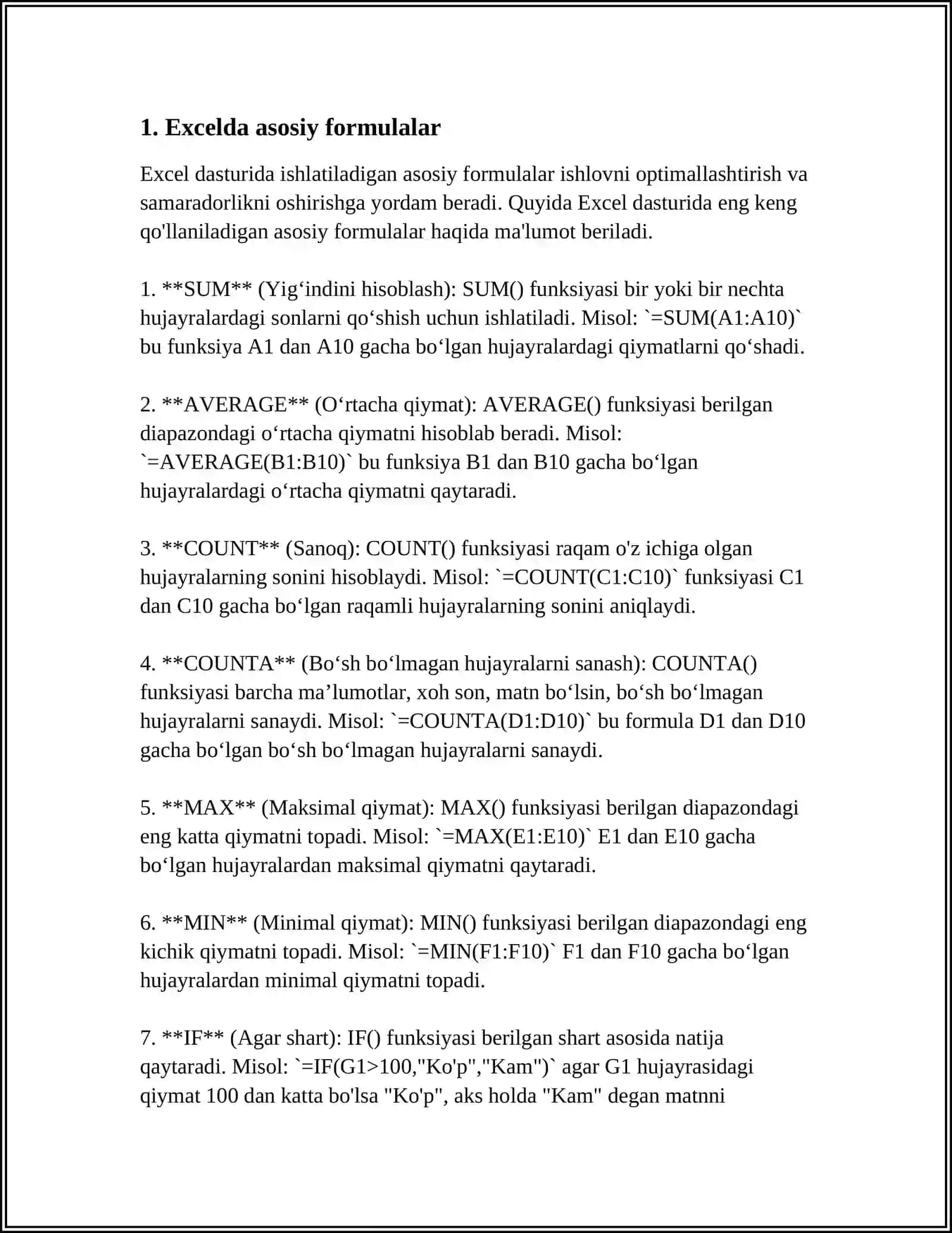 EXCELLA DASTURIDA FORMULALAR BILAN ISHLASH 3