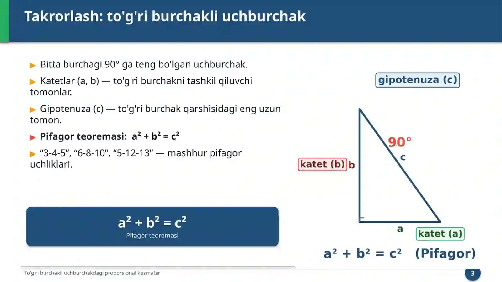 To'g'ri burchakli uchburchakdagi proporsional kesmalar 3