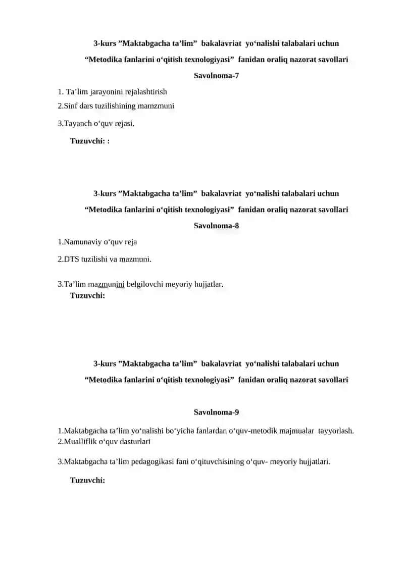 “Metodika fanlarini o‘qitish texnologiyasi” fanidan oraliq nazorat savollari 3