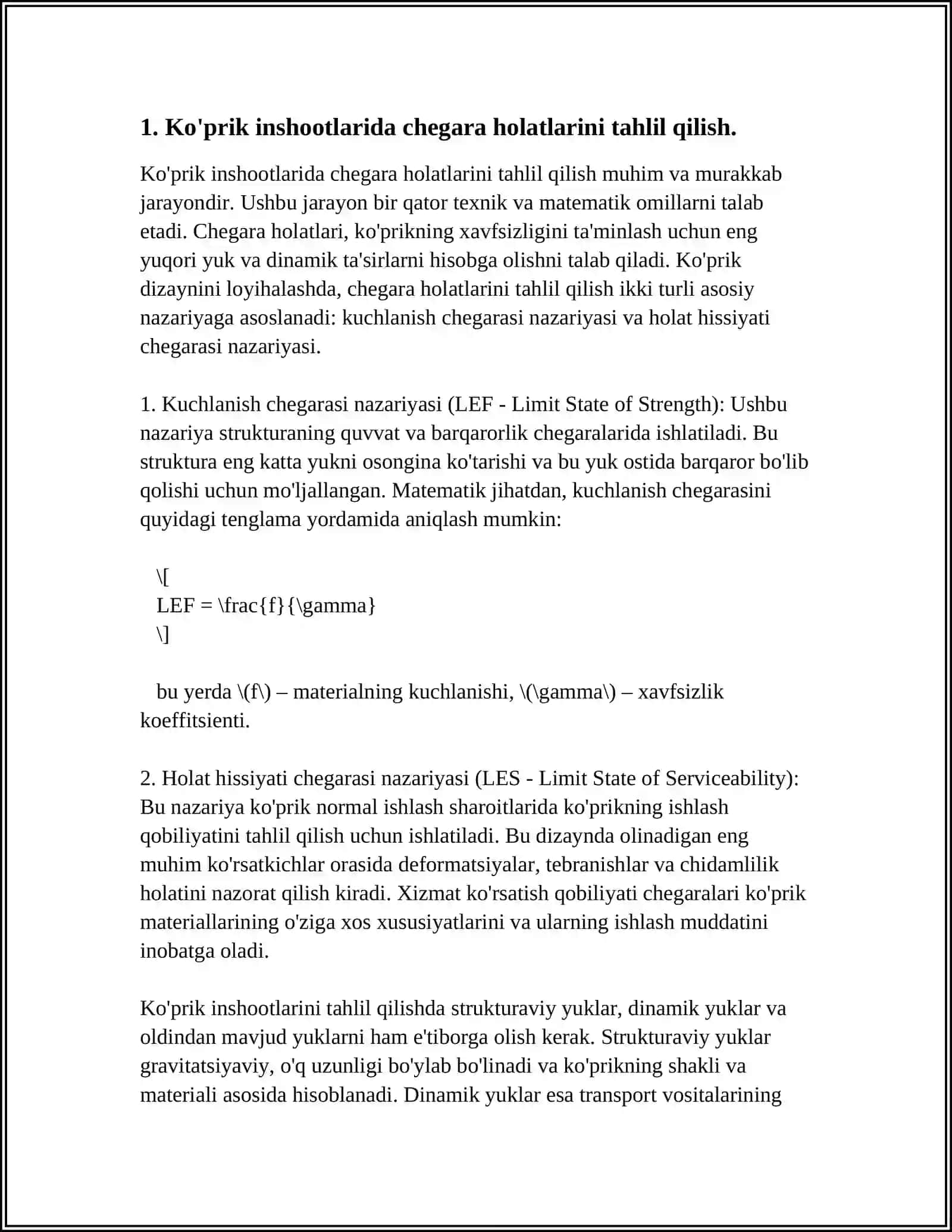 KO‘PRIK INSHOOTLARINI CHEGARA HOLATLARINI BIRINCHI GURUHI BOYICHA HISOBLASH 3