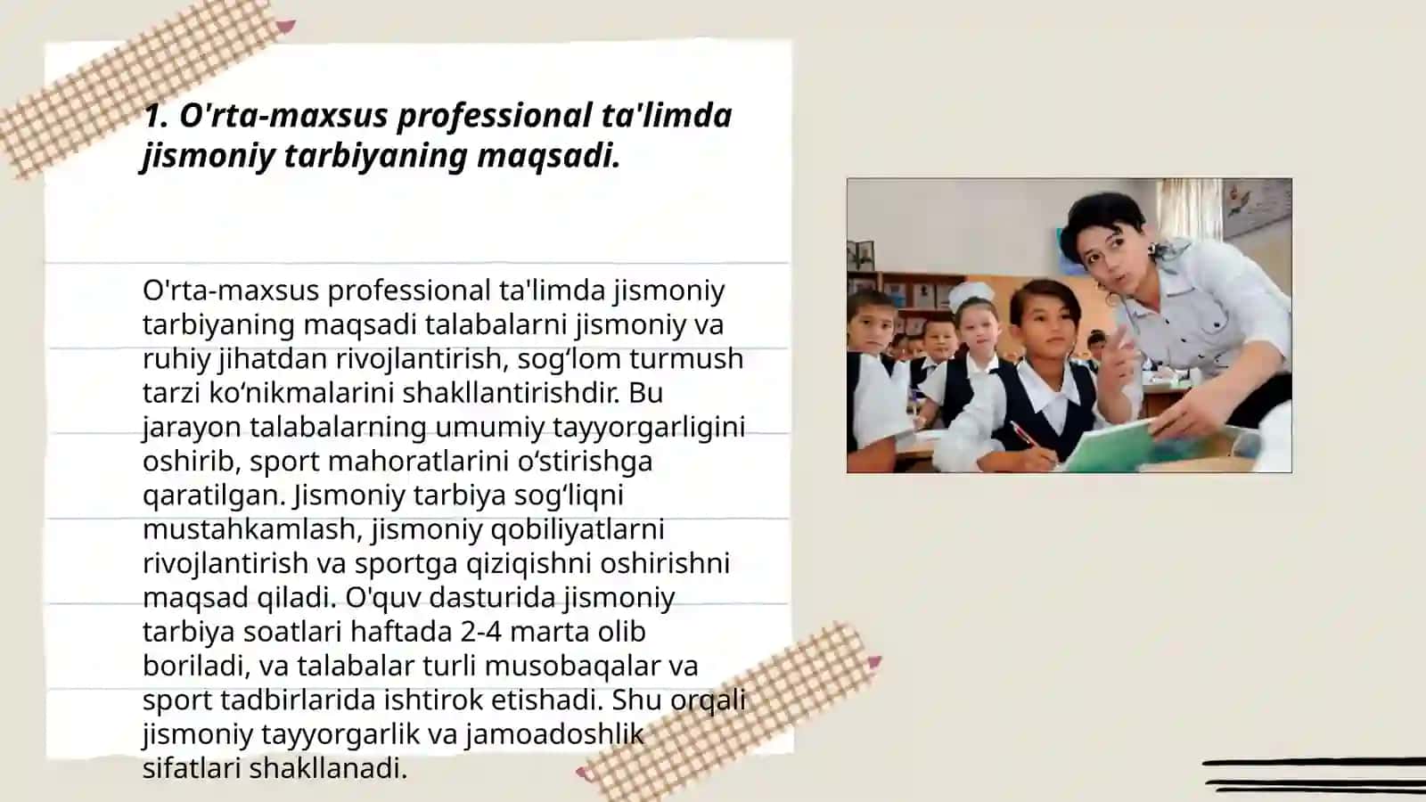O’rta-maxsus professional ta’lim va oliy ta’lim tizimlarida jismoniy tarbiyaning o’ziga xos xususiyatlariga tavsif 3