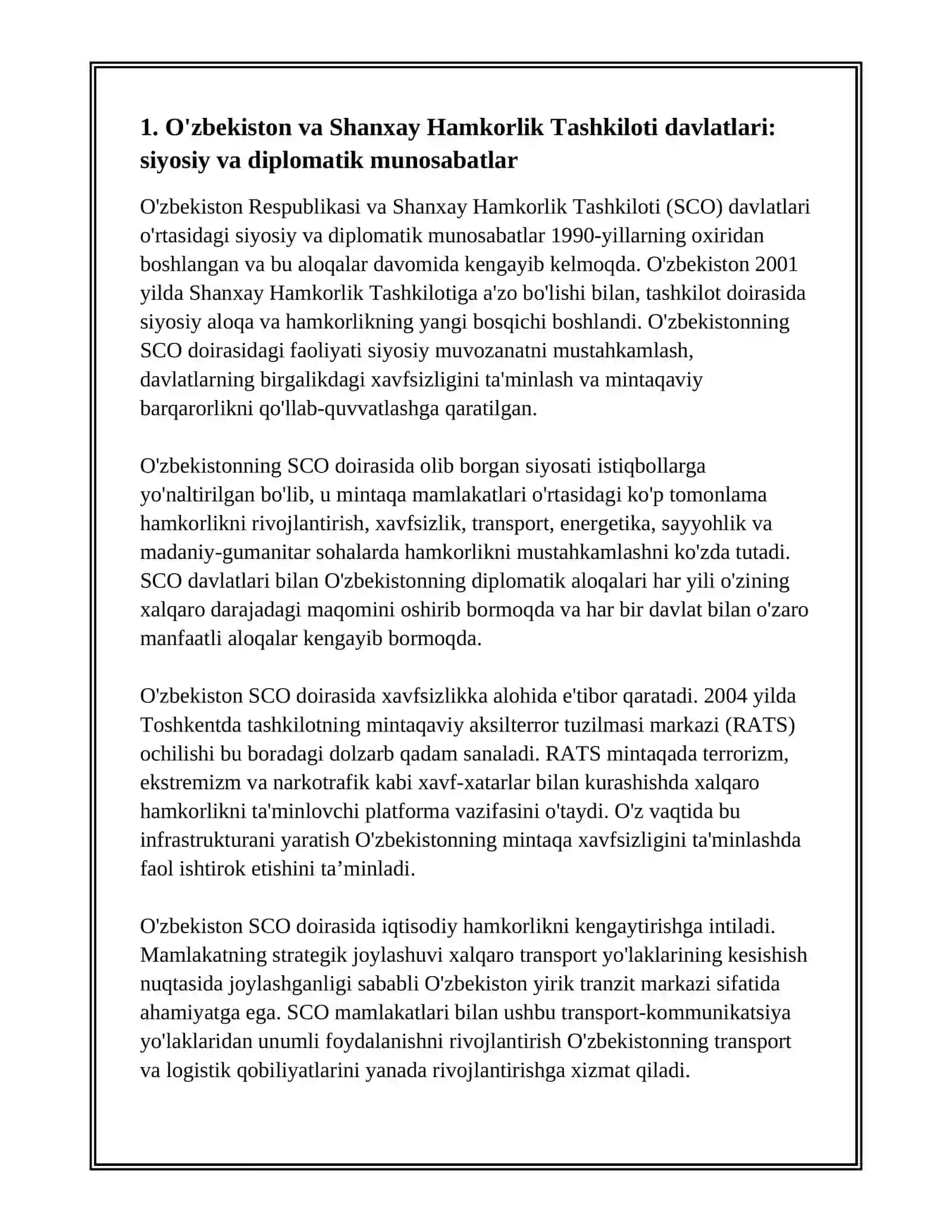 O'ZBEKISTON SHANHAY XAMKORLIK TASHKILOTI DAVLATLARI BILAN ALOQALARI 3