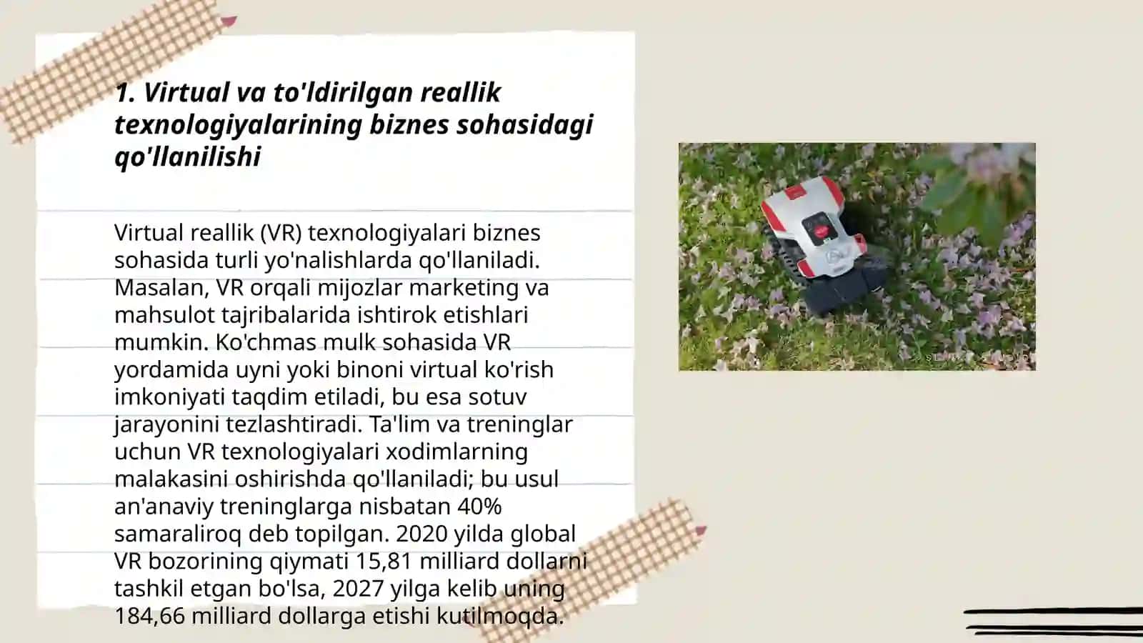 Virtual va to'ldirilgan reallik texnologiyalari. Innovatsion biznesda robot texnikalaridan samarali foydalanish 3