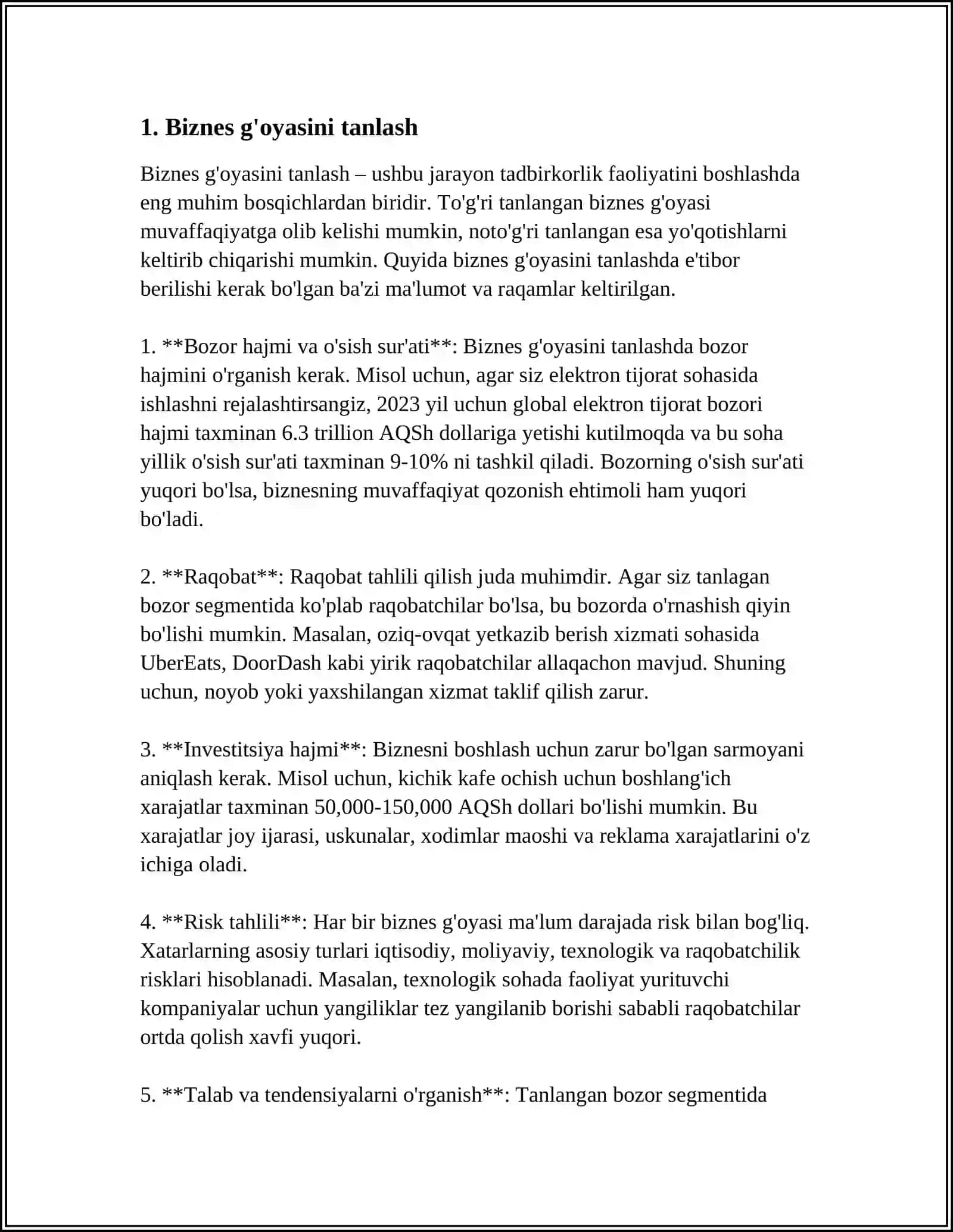 BIZNESNI TASHKIL ETISH BOSQICHLARI VA TEXNIK IQTISODIY ASOSLASH 3